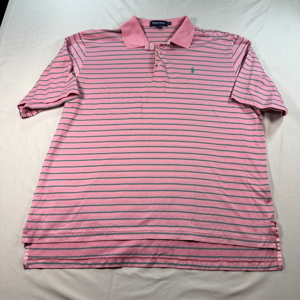 Polo Golf Ralph Lauren Mens XL Pink Green Striped Short Sleeve Cotton Polo Shirt